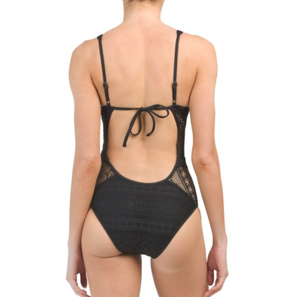 Becca Crochet Deep V-Neck One-Piece Swimsuit S - Picture 3 of 9